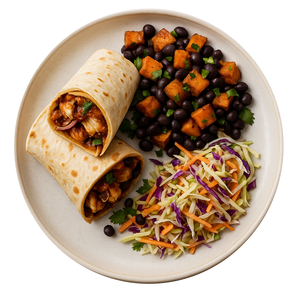 BBQ Chicken Wrap, Sweet Potato & Black Bean Salad, Bozu Slaw
