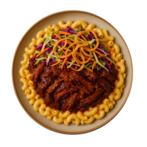 Hickory BBQ Pulled Brisket, 3 Cheese Macaroni, Cowboy Slaw & Crispy Onion
