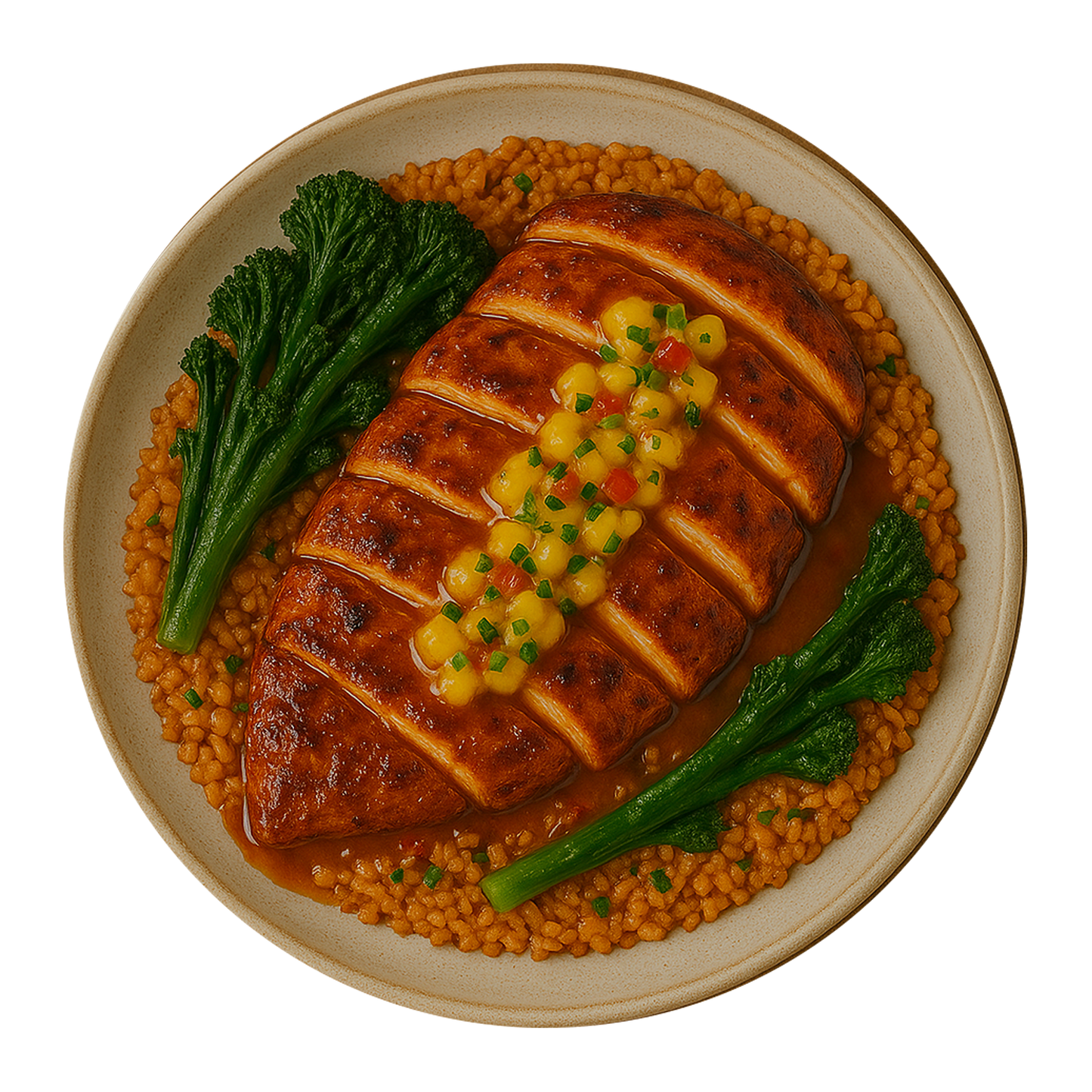 Cajun Chicken Breast, Aleppo & Coriander Rice, Charred Greens, Pineapple Salsa
