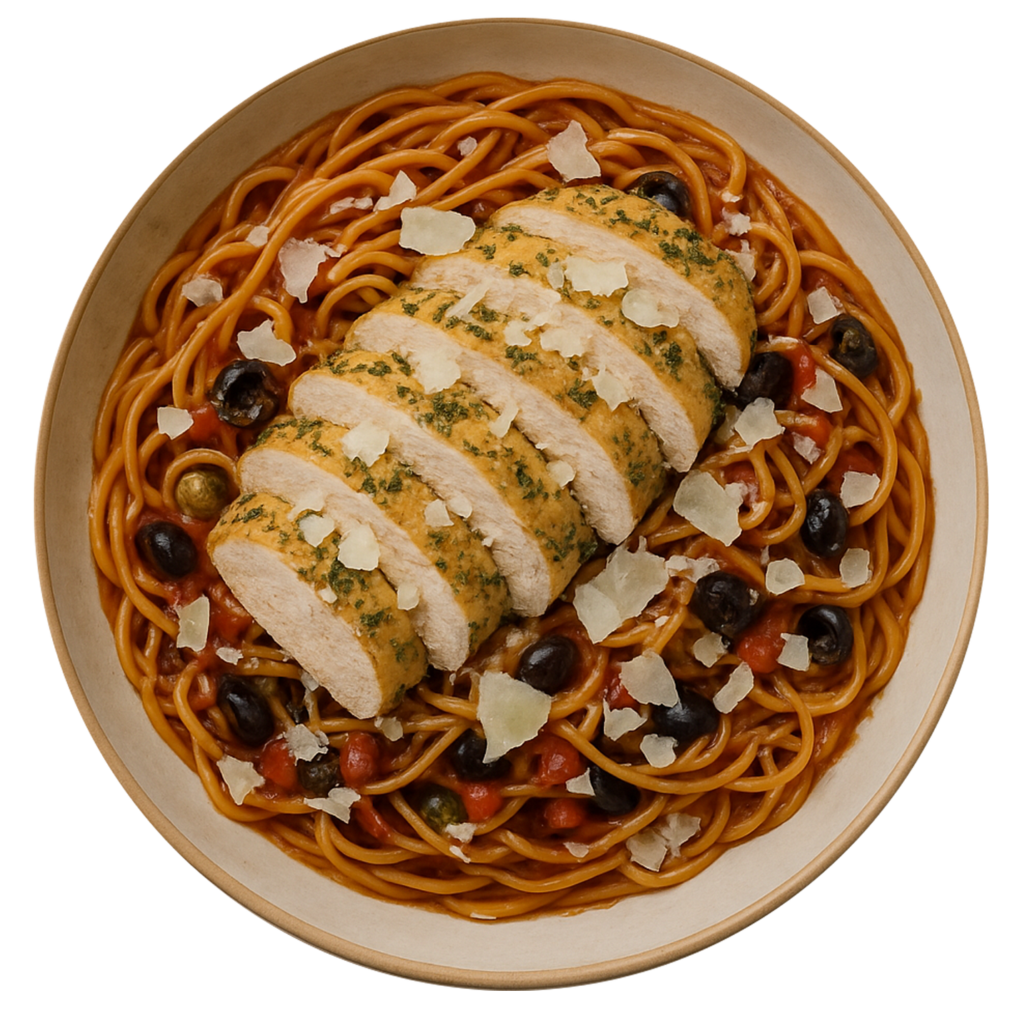 Garlic Chicken, Puttanesca Linguine, Parmesan Cheese