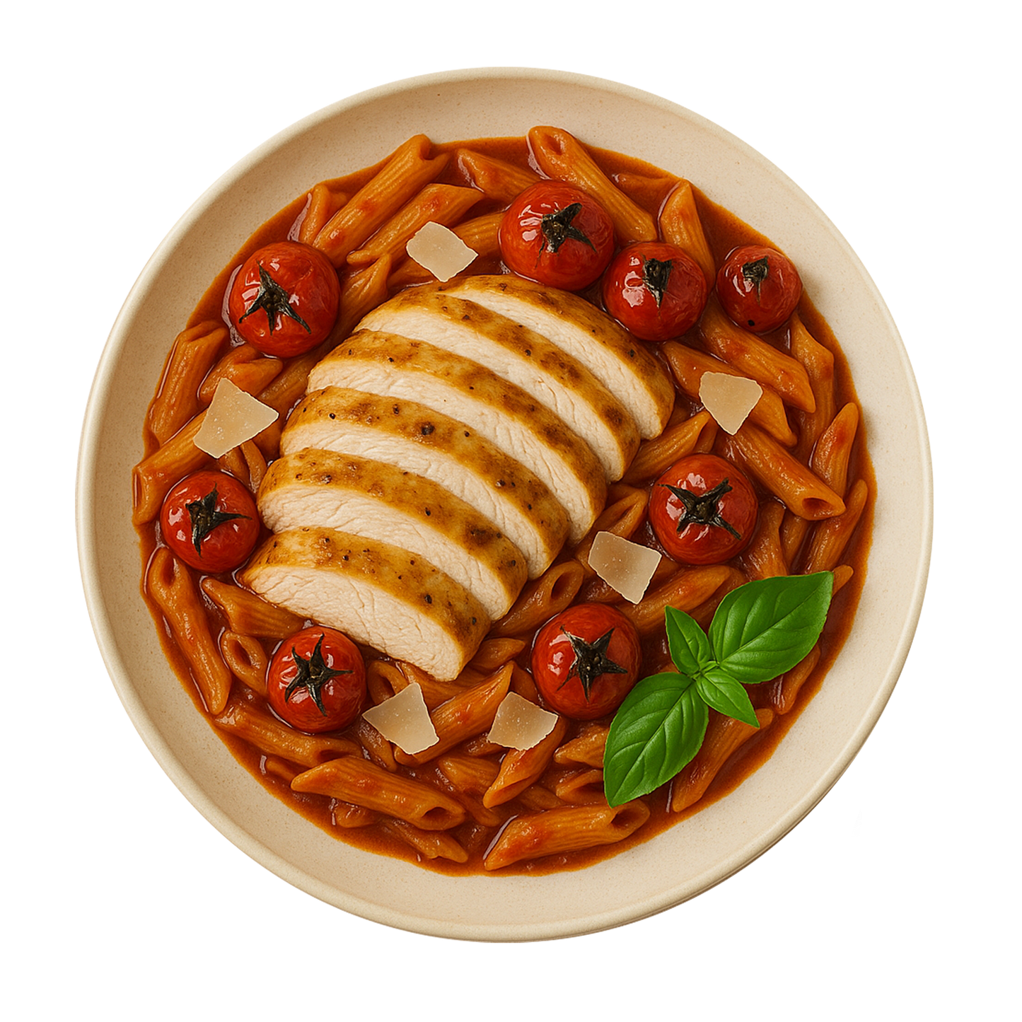 Garlic Chicken Breast, Tomato & Basil Pasta, Balsamic Roasted Cherry Tomatoes, Parmesan Cheese