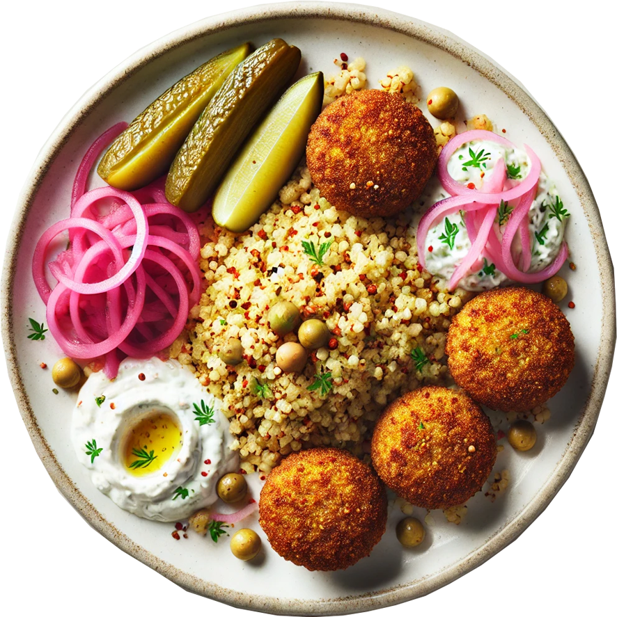 Sweet Potato Falafel Vegetable Couscous, Pickled Red Onion, Honey Roasted Tomatoes, Tzatziki