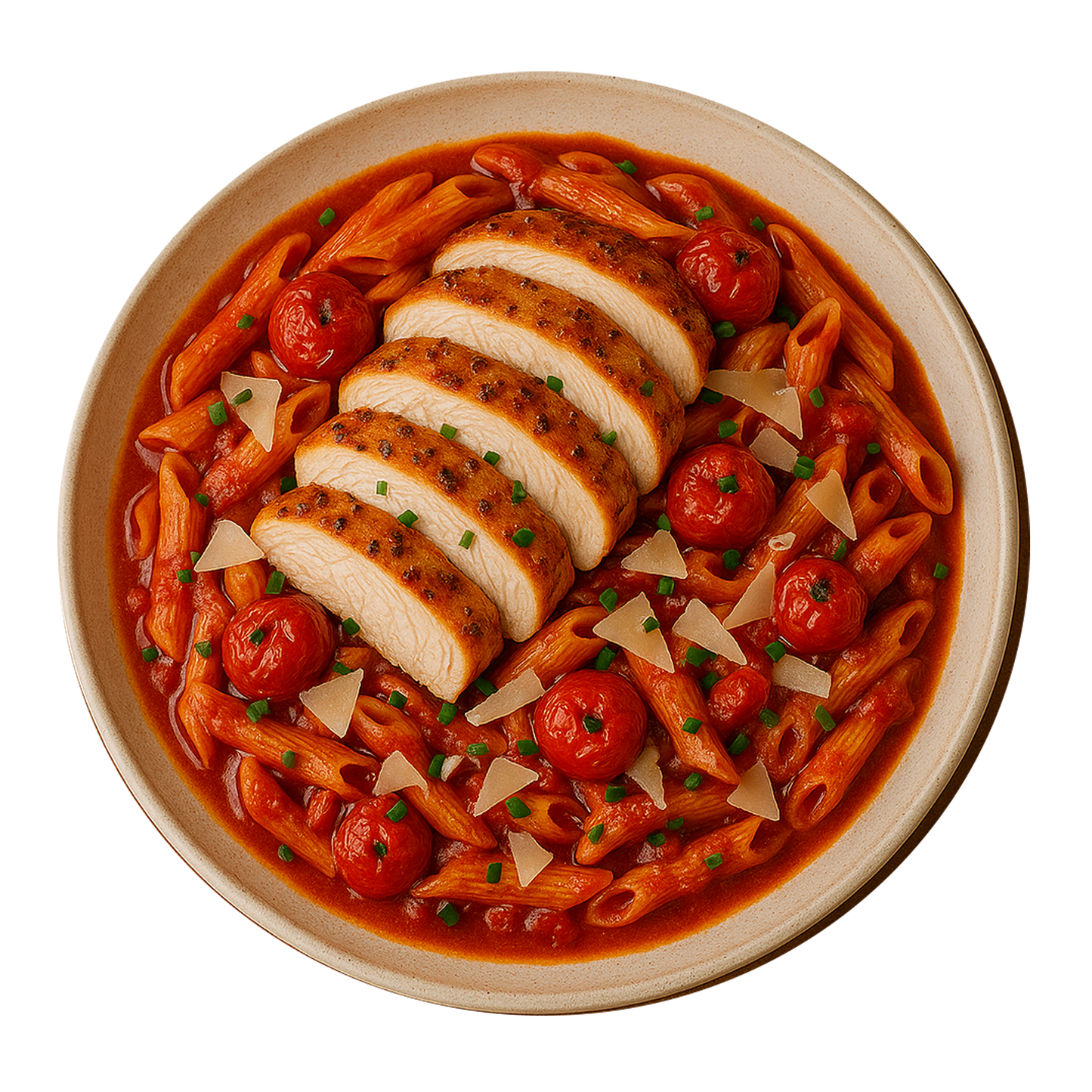 Garlic Chicken Breast, Romesco Pasta, Roasted Cherry Tomatoes, Parmesan Cheese