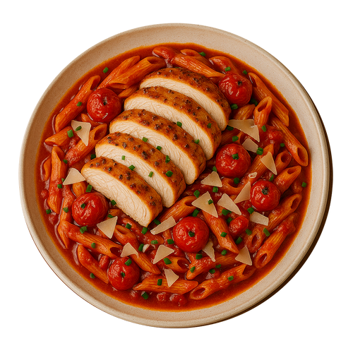 Garlic Chicken Breast, Romesco Pasta, Roasted Cherry Tomatoes, Parmesan Cheese