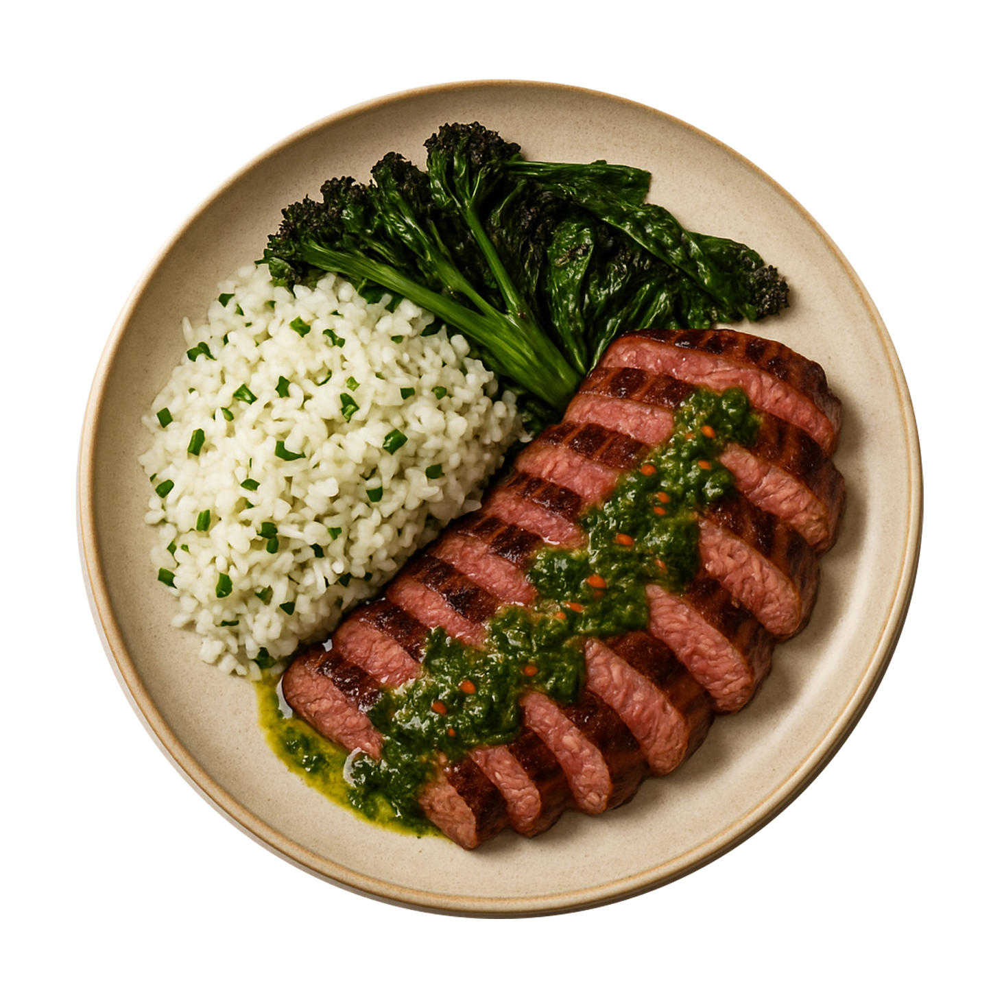 Grilled Rump Steak, Coriander Rice, Charred Greens, Chimichurri Dressing
