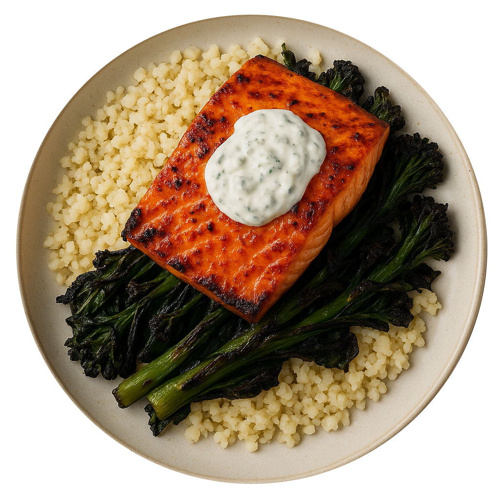 Harissa & Lemon Spiced Salmon, Cauliflower Couscous, Fried Greens, Tzatziki (KETO)