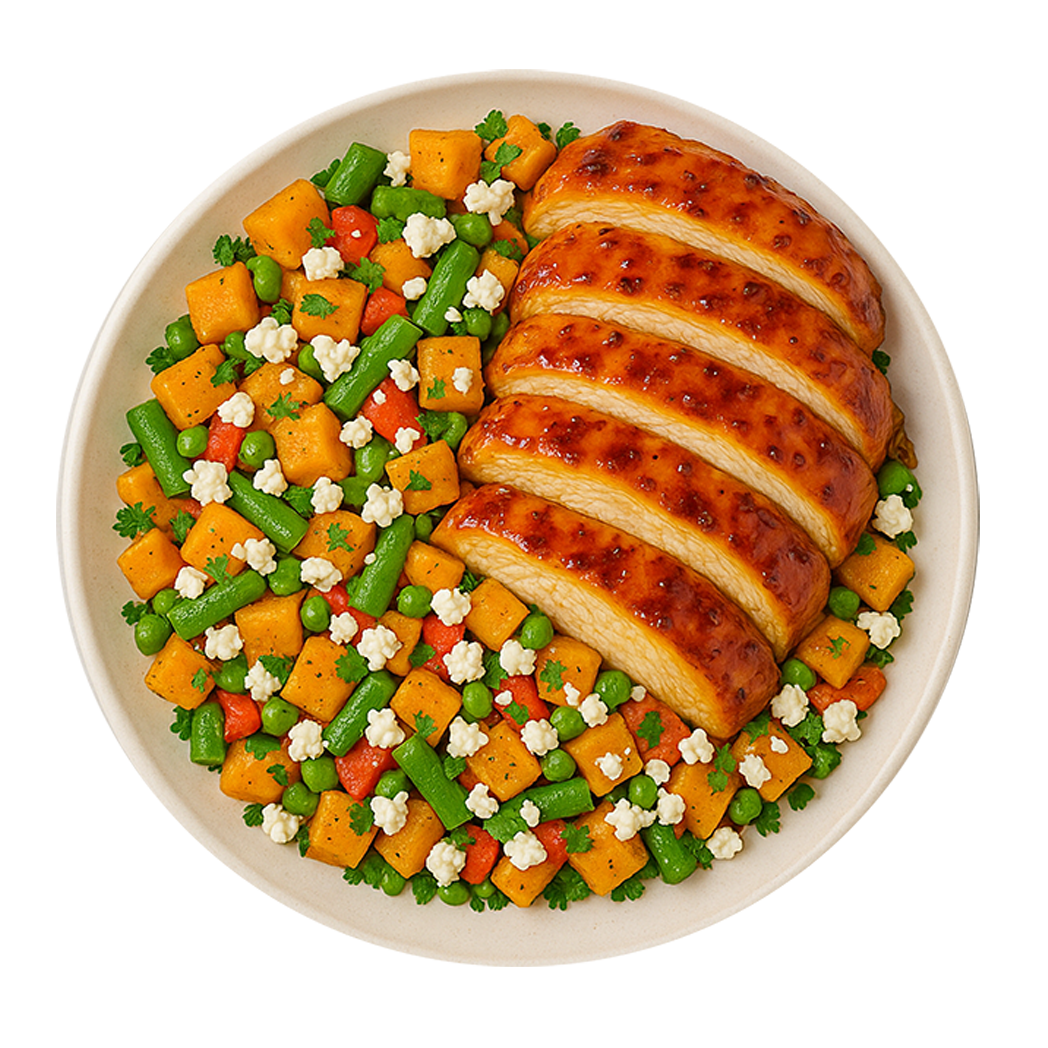 Honey & Mustard Thighs, Butternut Squash Succotash, Crumbled Feta (KETO)