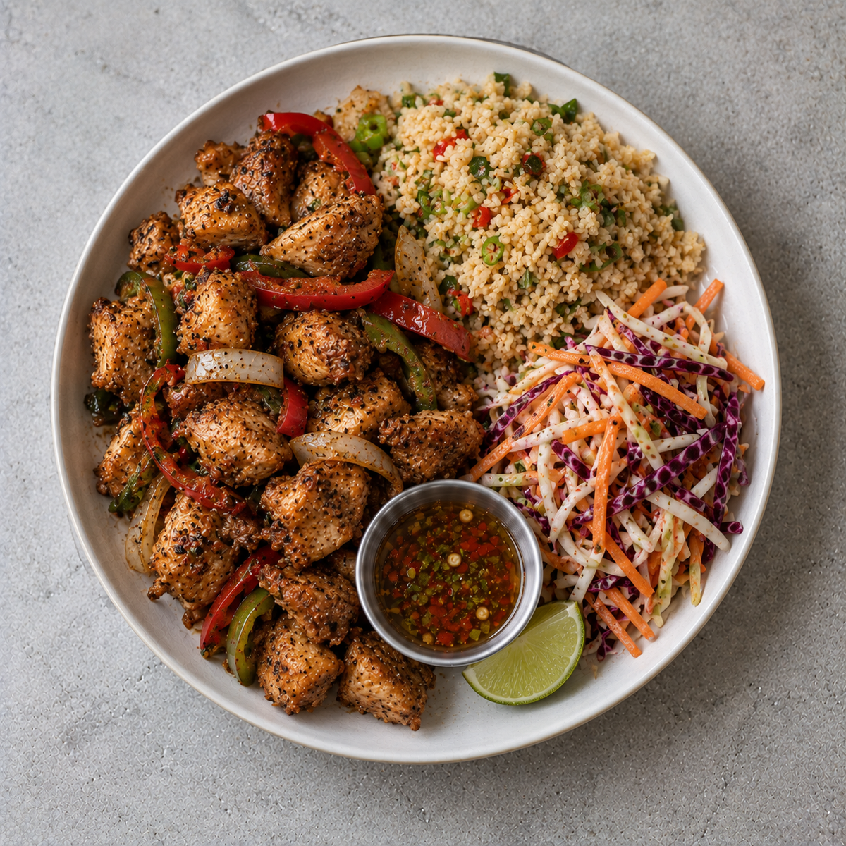 (KETO) Salt N Pepper Chicken, Seasoned Cauliflower Rice, Asian Slaw, Chilli & Lime Dressing