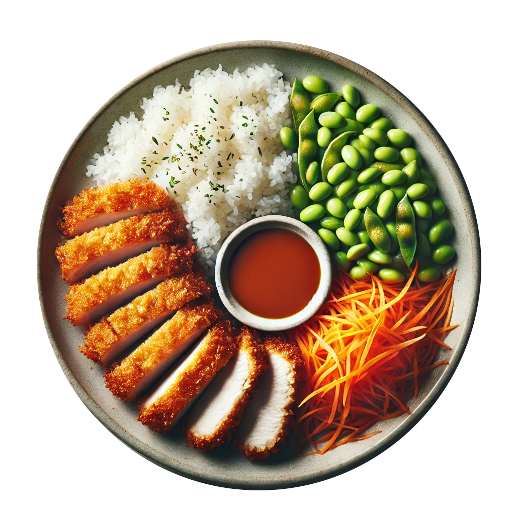 Katsu Chicken, White Rice, Carrot & Bean Salad, Crushed Nuts