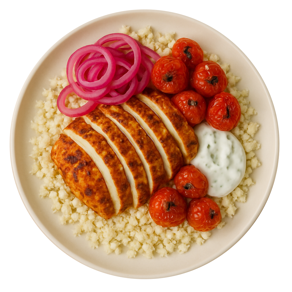 Moroccan Chicken, Cauliflower Couscous, Pickled Red Onion, Honey Roast Tomatoes Tzatziki (KETO)