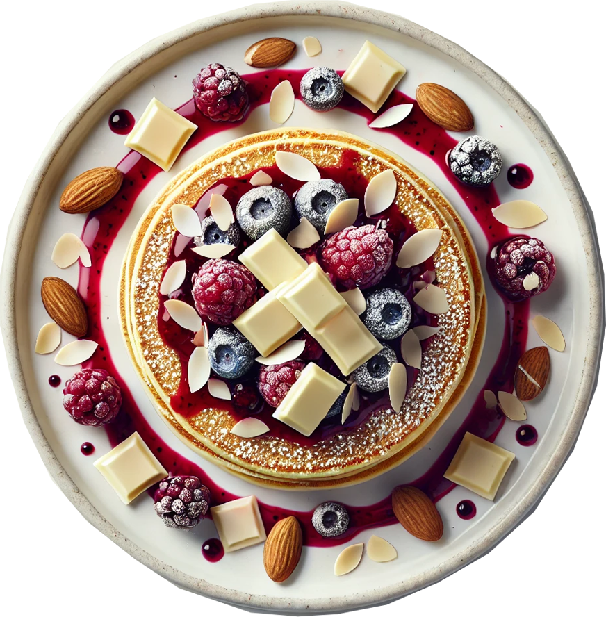 Protein Pancakes, Berry Compote, White Chocolate, Toasted Almonds