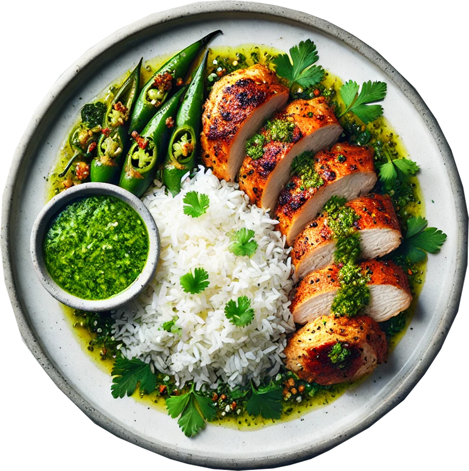Peruvian Style Chicken Thigh, Spiced Rice, Charred Tenderstem, Jalapeno & Coriander Sauce