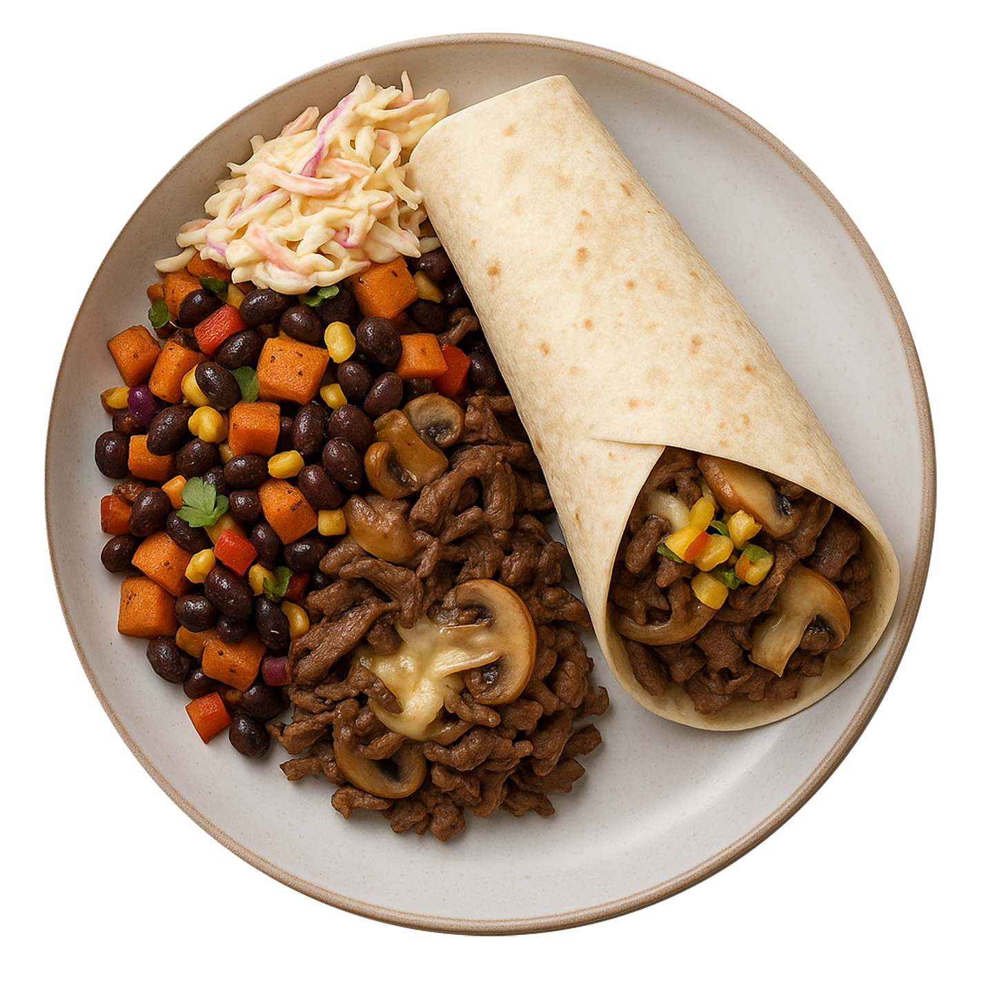 Philly Cheese Steak Wrap, Sweet Potato & Black Bean Salad, Bozu Slaw