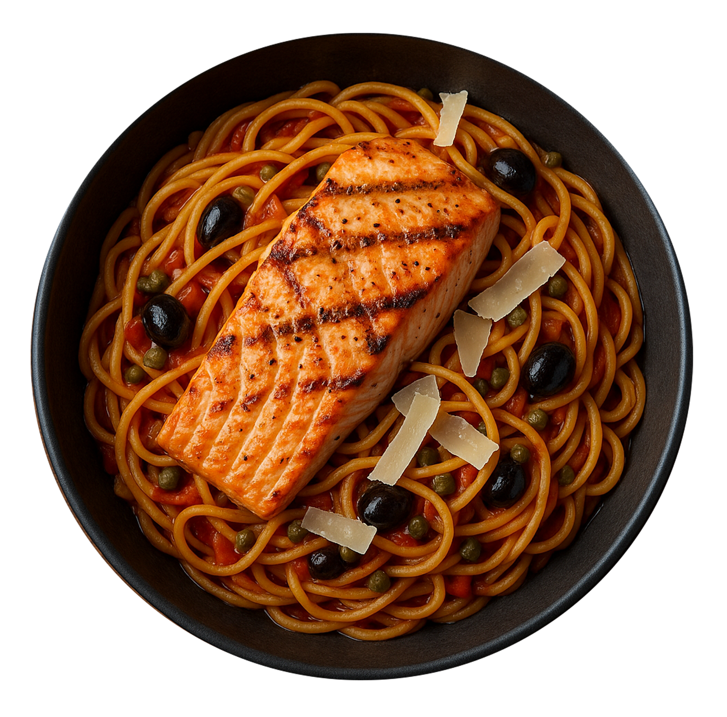 Grilled Salmon, Puttanesca Linguine, Parmesan Cheese