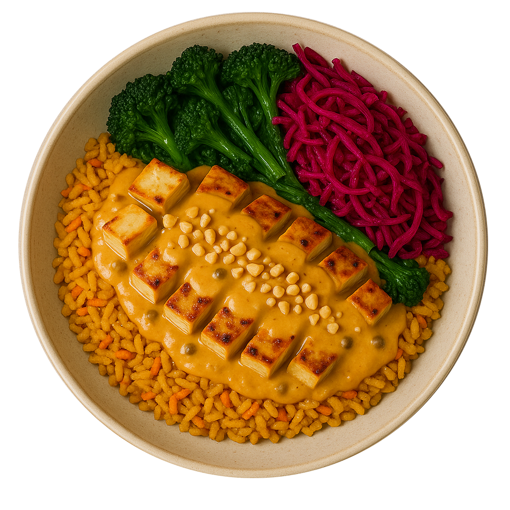 Satay Tofu Rice Bowl, Seasoned Rice, Fried Greens, Pickled Red Cabbage, Chopped Peanuts