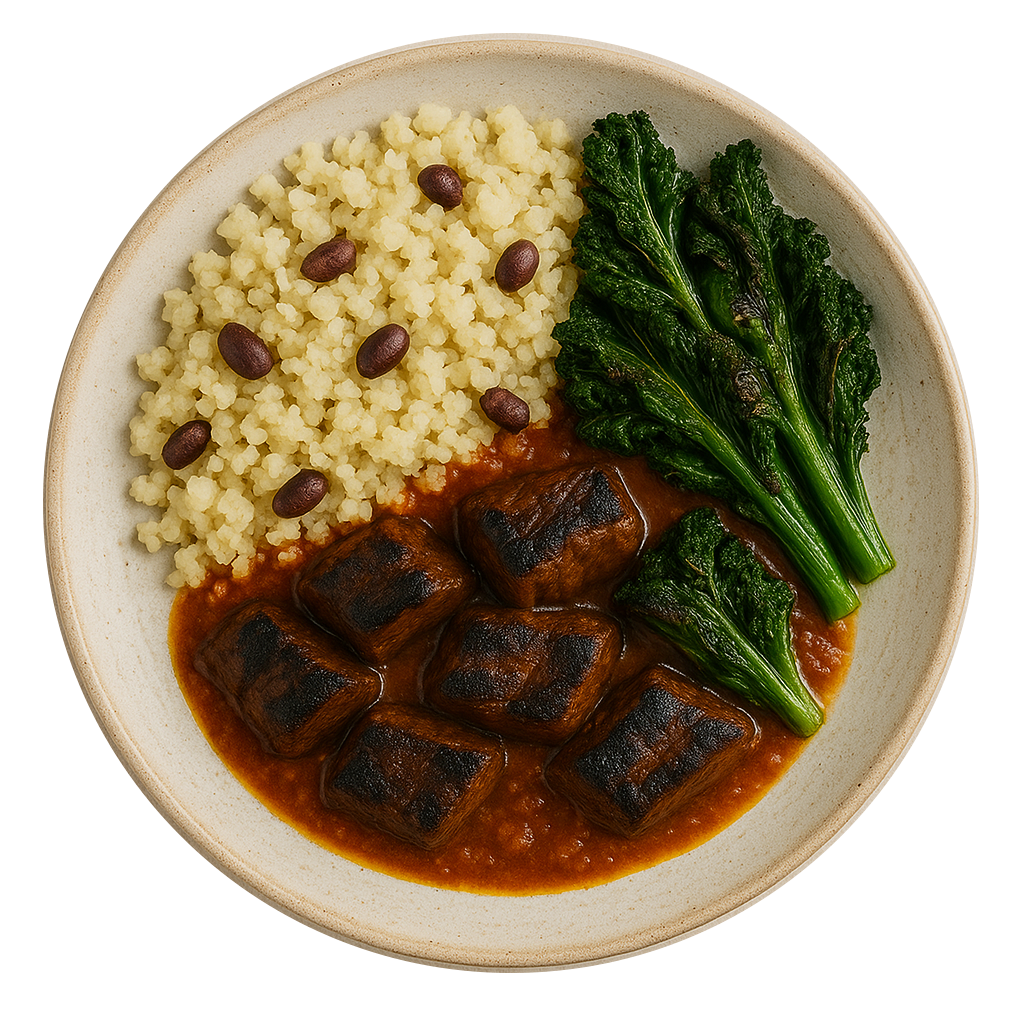 West African Beef Stew, Cauliflower Rice & Peas, Charred Greens (KETO)