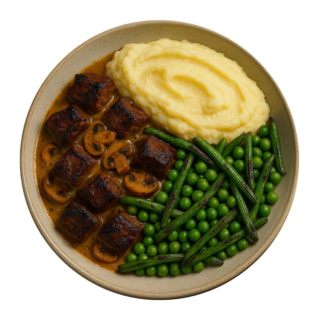 Braised Beef Stroganoff, Creamy Mashed Cauliflower, Peas & Bans (KETO)