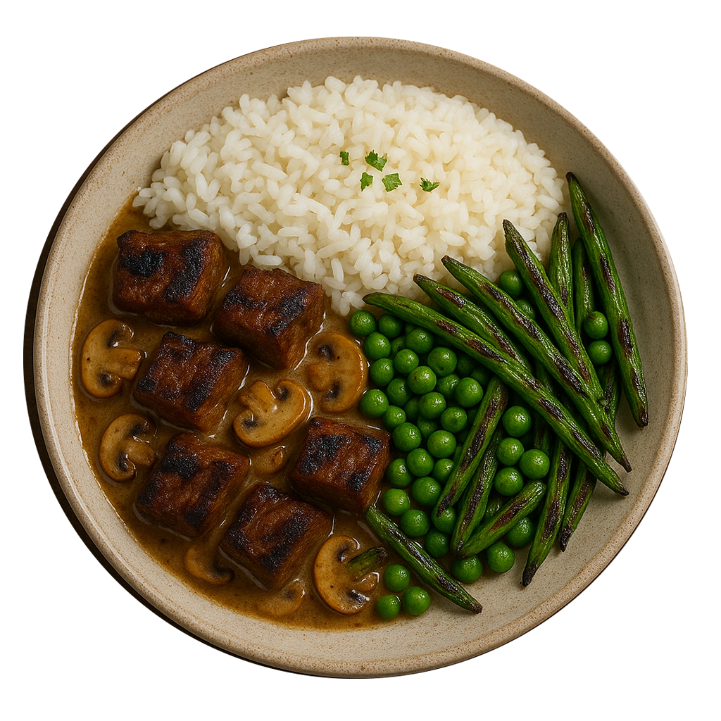 Braised Beef Stroganoff, White Rice, Peas & Beans