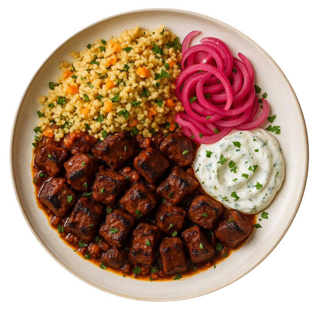 Stewed Beef Stiffado, Vegetable Couscous, Pickled Red Onion, Tzatziki
