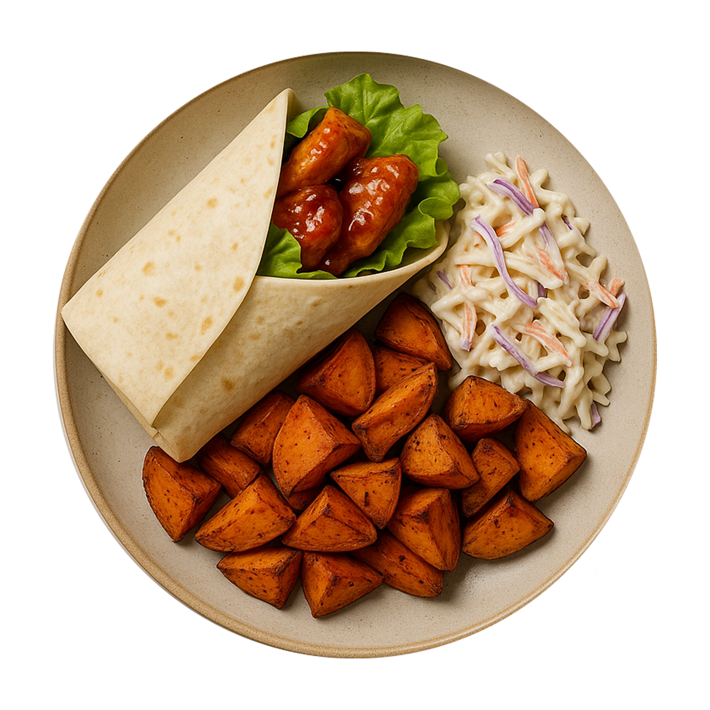 Sweet Chilli Chicken Wrap, Spicy Roasted Sweet Potato, Bozu Slaw