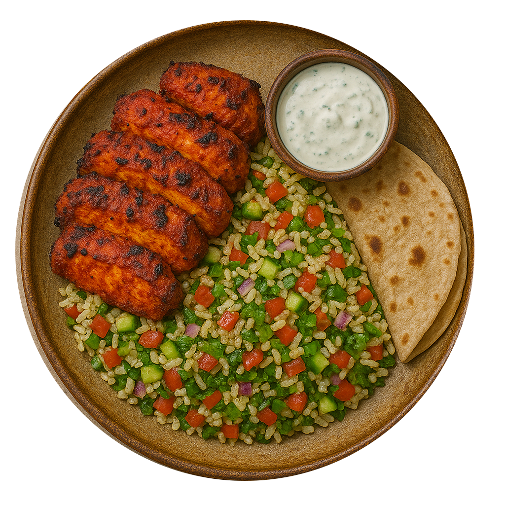Tandoori Chicken Tikka, Chapati, Kachumber Salad, Mint Raita