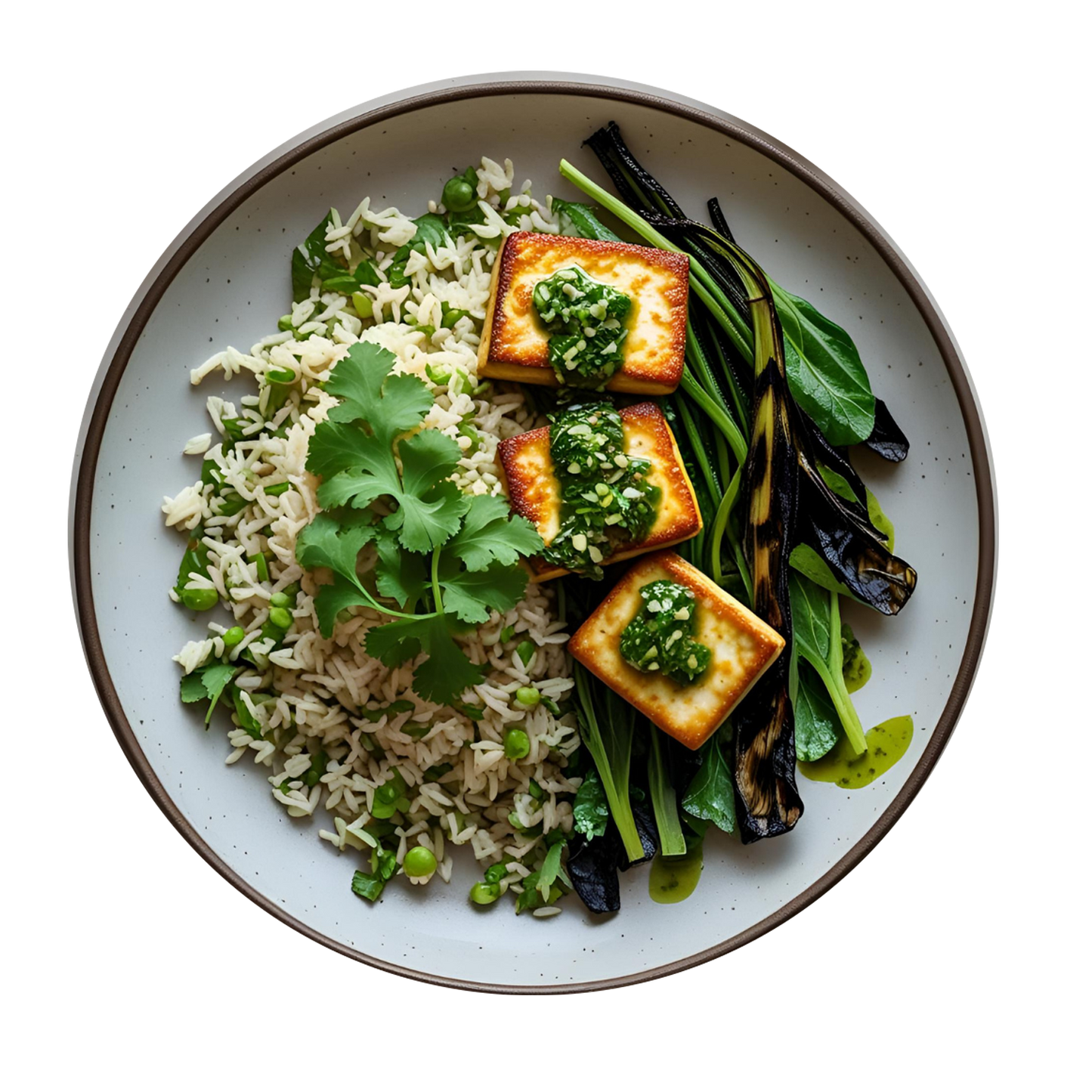 Pan Fried Tofu, Coriander Rice, Charred Greens, Chimichurri Dressing