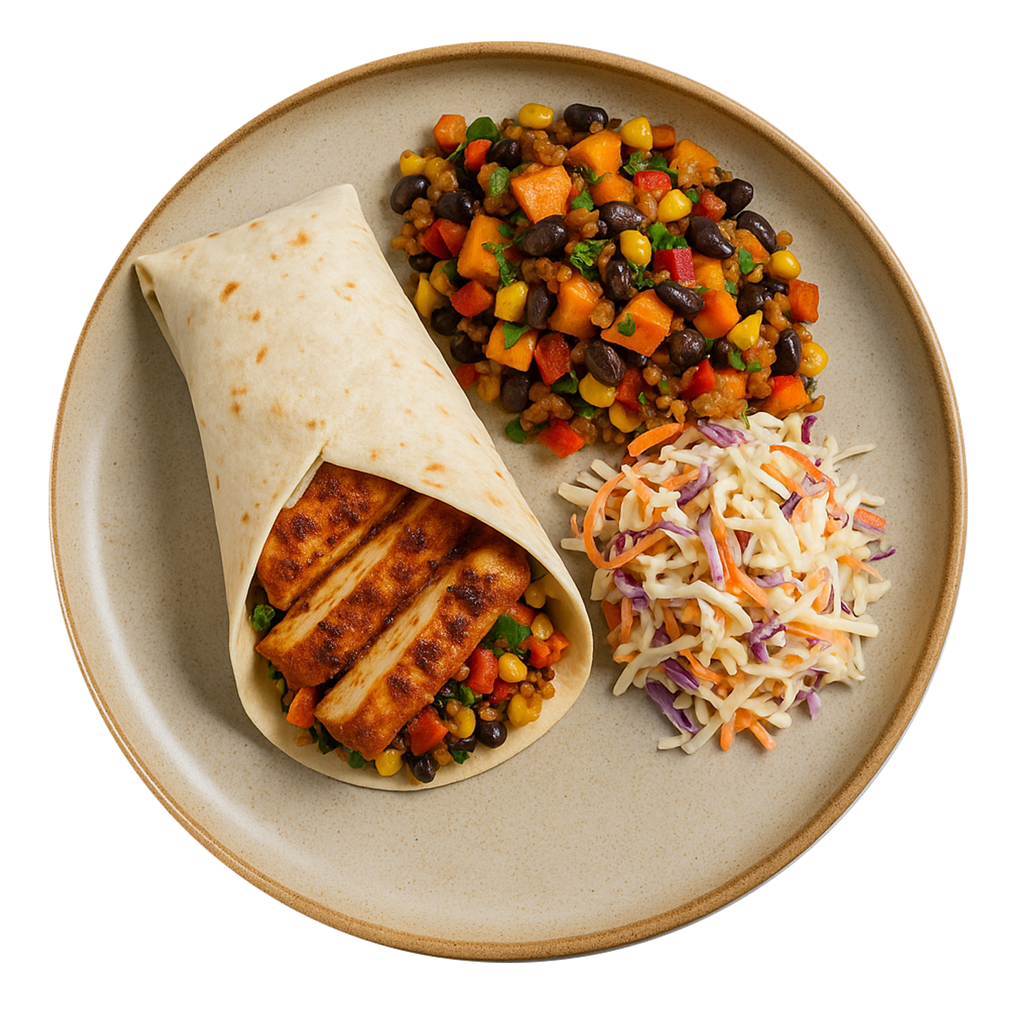 Crispy Harissa Tofu Wrap, Sweet Potato & Black Bean Salad, Bozu Slaw