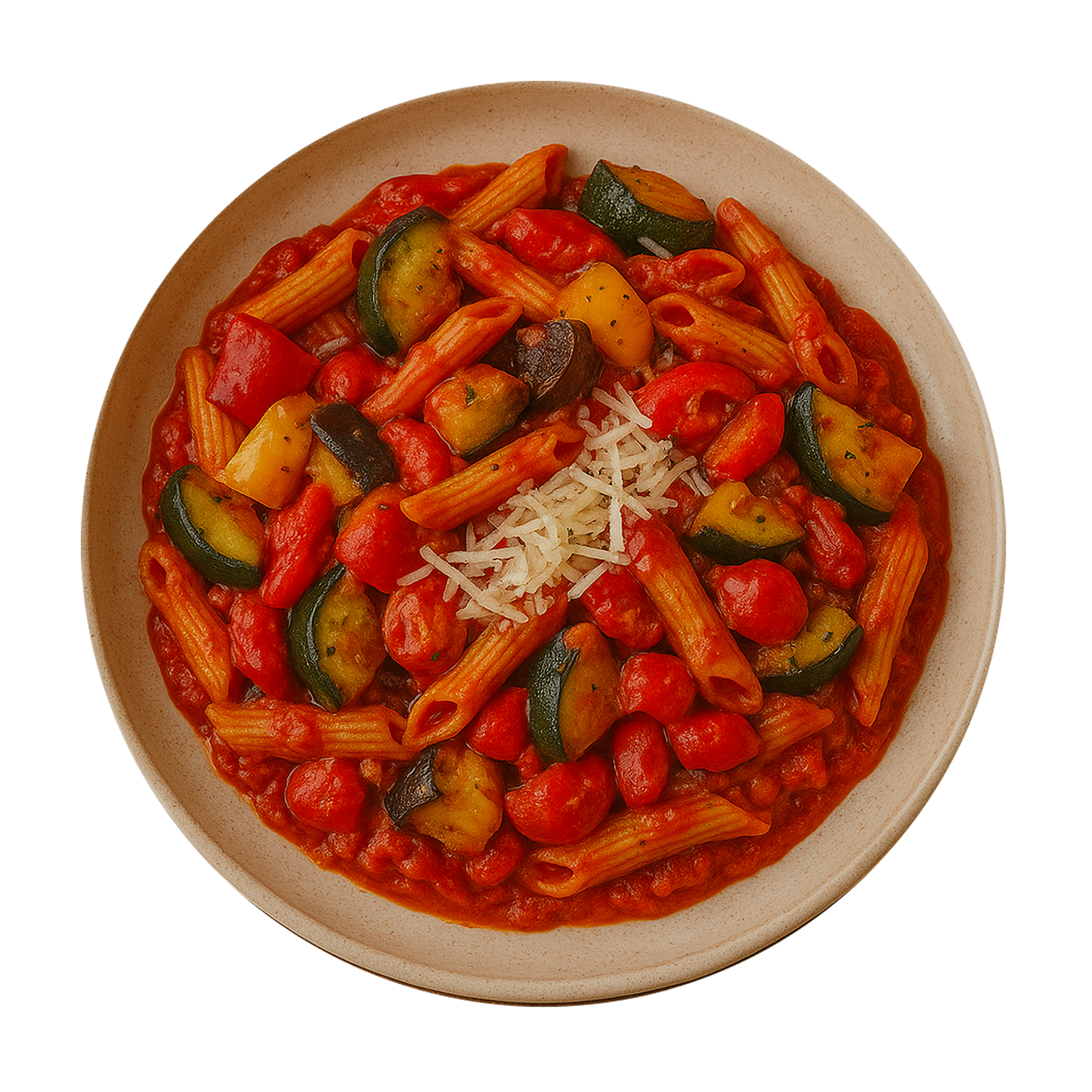 Romesco Penne Pasta, Roasted Mediterranean Vegetables, Parmesan Cheese