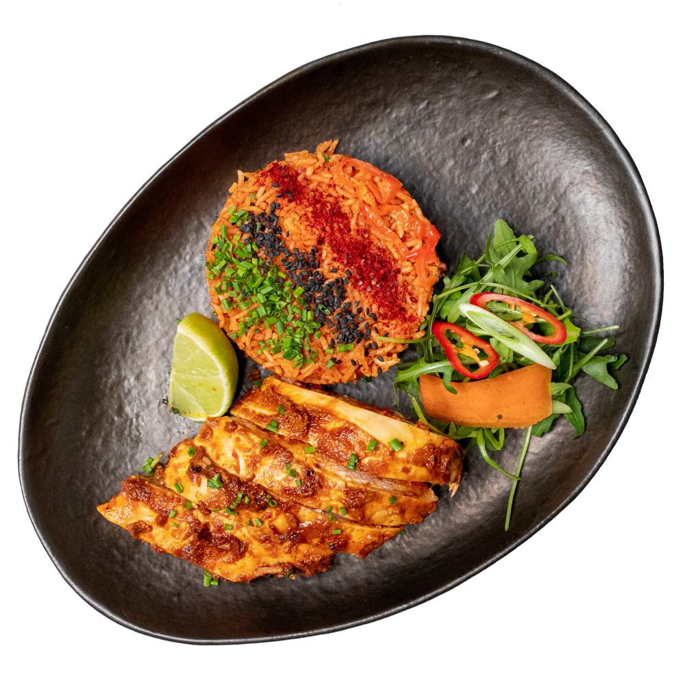 Bozu halal chicken breast meal with rice and fresh garnishes, high-protein weight loss meal prep, calorie-controlled and delivered across Wandsworth for fat loss