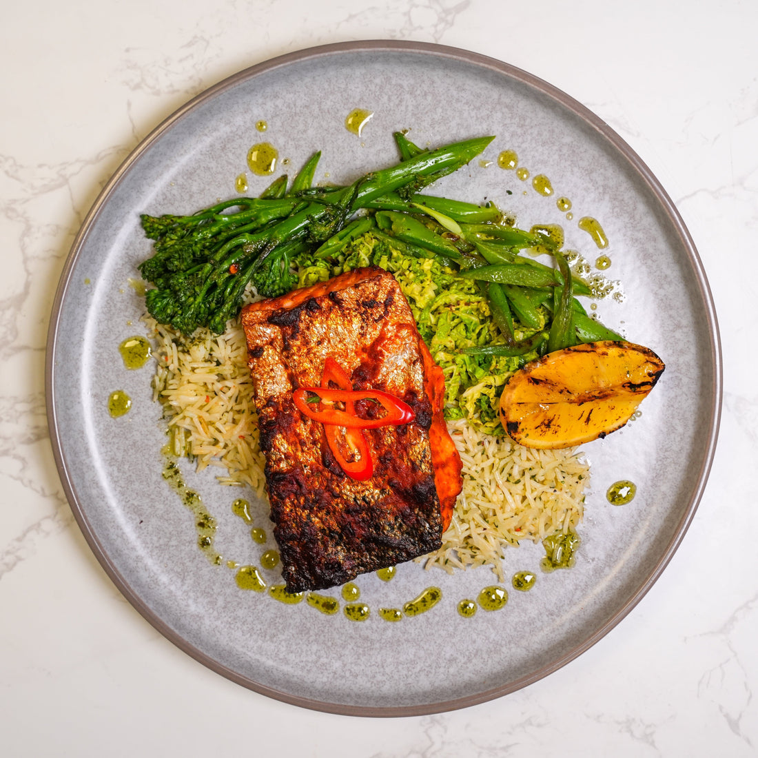 High protein salmon meal for muscle gain with rice and vegetables – healthy meal prep delivery UK for teachers.