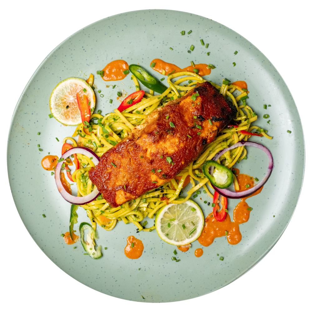 Chef-prepared healthy low-carb fresh fish with noodles and garnish, halal meal for fat loss and weight management delivered in the UK by Bozu to West Yorkshire