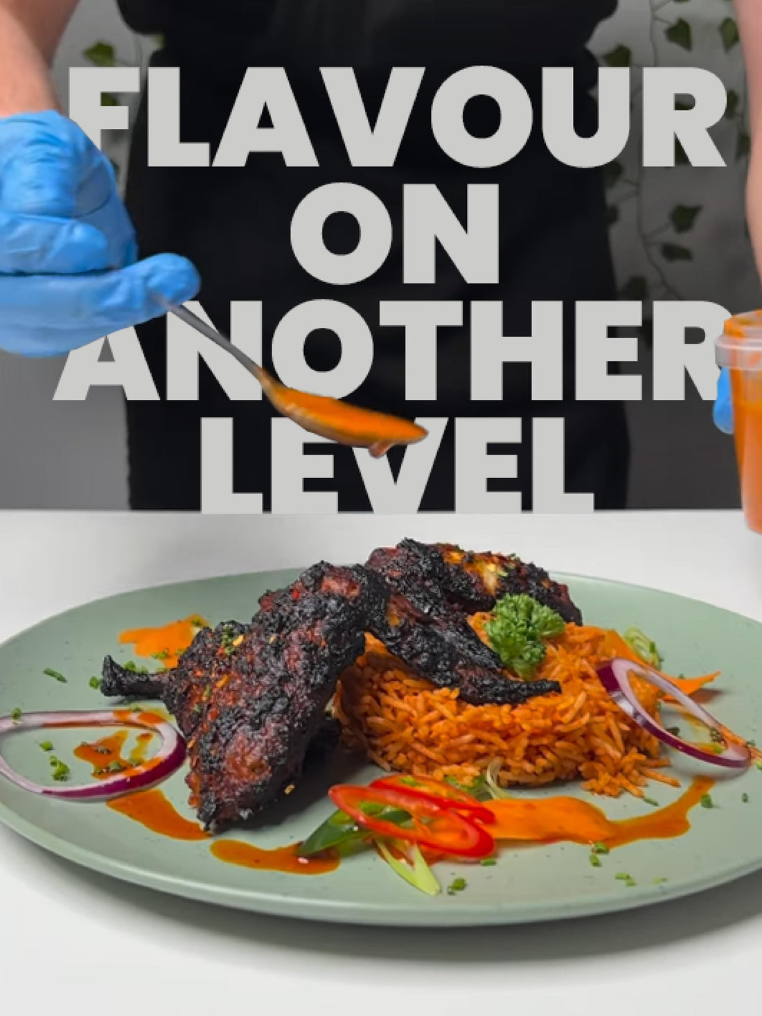 Bozu chef-prepared halal chicken and rice meal with fresh garnish, featuring the text “Flavour on another level”, high-protein and calorie-controlled delivered in Leeds for Weight Loss