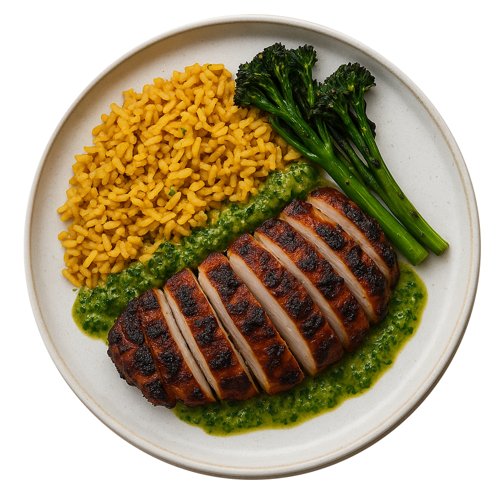 Bozu halal chicken breast meal with rice and healthy garnishes, high-protein weight loss meal prep delivered in Westminster