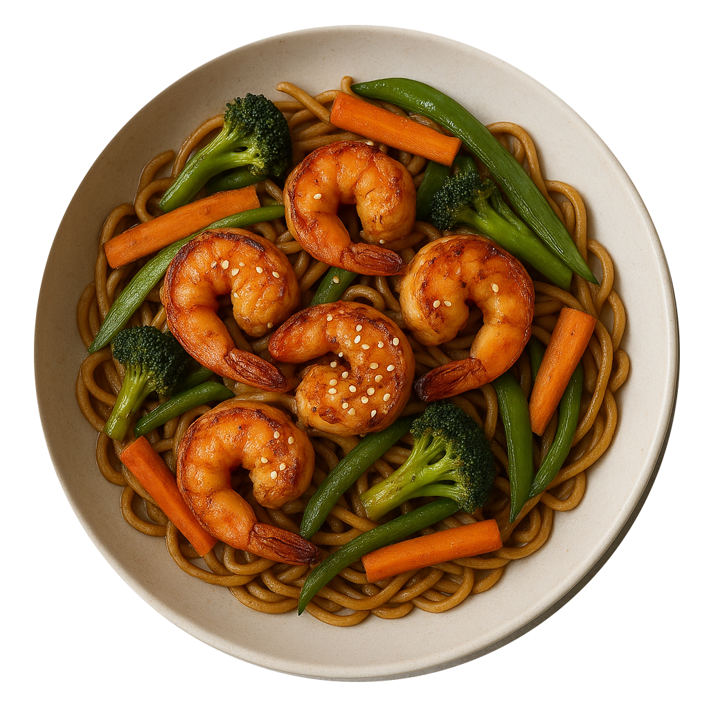 Chef-prepared halal king prawn noodles with seasoned vegetables, high-protein meal prep delivered in Bolton for weight and fat loss