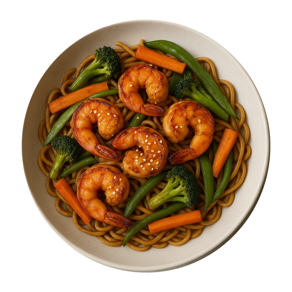 Chef-prepared king prawn noodles with seasoned vegetables, high-protein meal prep delivered in the UK