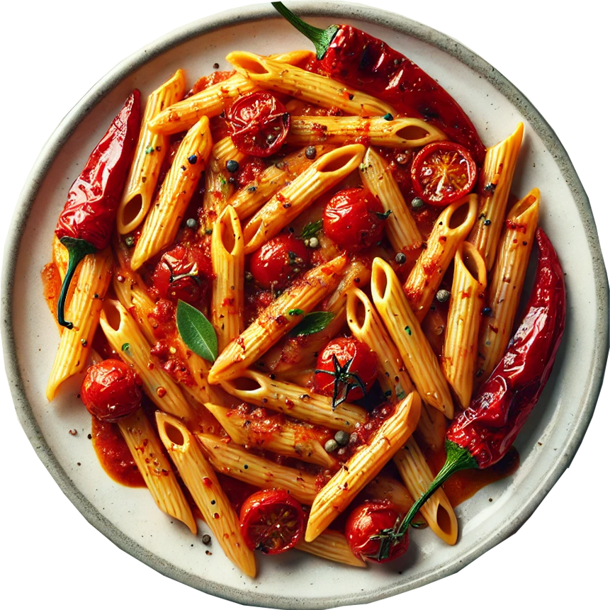 Vegetarian arrabbiata pasta with penne, cherry tomatoes and spicy tomato sauce