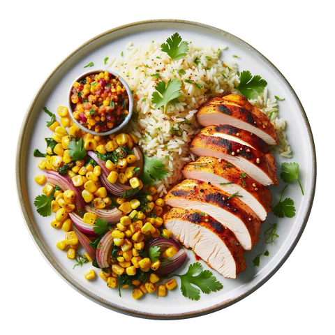 Spicy Harissa Thighs, Coriander Rice, Charred Corn Salsa, Tenderstem