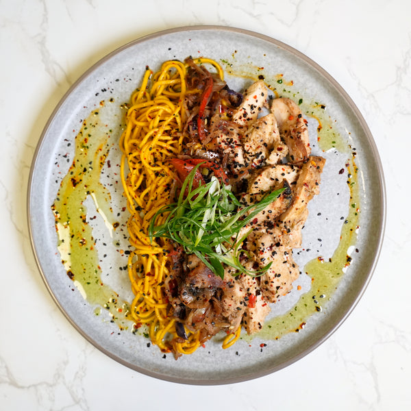 Asian Style Garlic & Chilli Chicken, Egg Noodles, Wok Fried Sesame Vegetables, Soy & Ginger Dressing