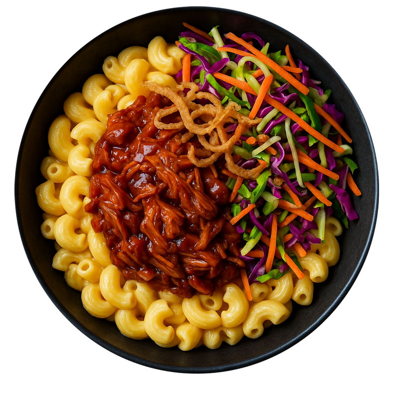 BBQ Pulled Jackfruit, Loaded 3 Cheese Macaroni, Cowboy Slaw & Crispy Onion
