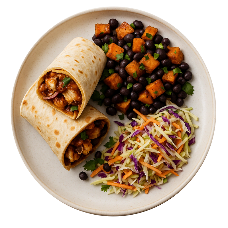 BBQ Chicken Wrap, Sweet Potato & Black Bean Salad, Bozu Slaw