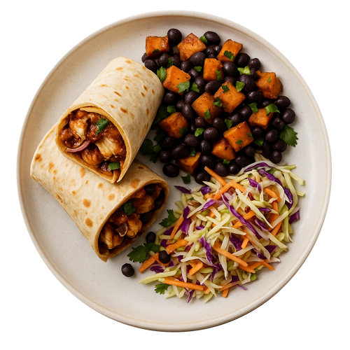 BBQ Chicken Wrap, Sweet Potato & Black Bean Salad, Bozu Slaw