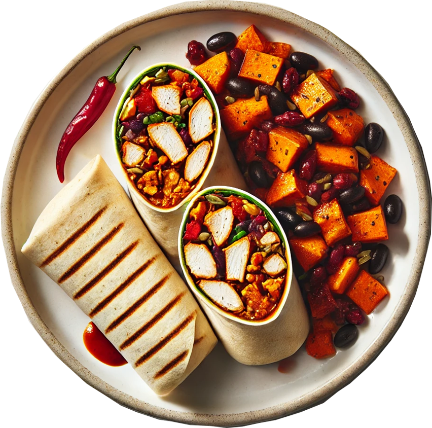 BBQ Chicken Wrap, Sweet Potato & Black Bean Salad, Bozu Slaw