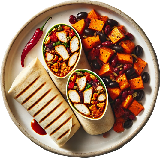 BBQ Chicken Wrap, Sweet Potato & Black Bean Salad, Bozu Slaw