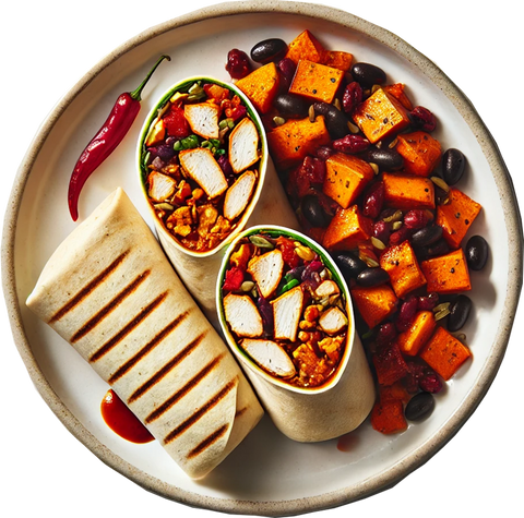 BBQ Chicken Wrap, Sweet Potato & Black Bean Salad, Bozu Slaw