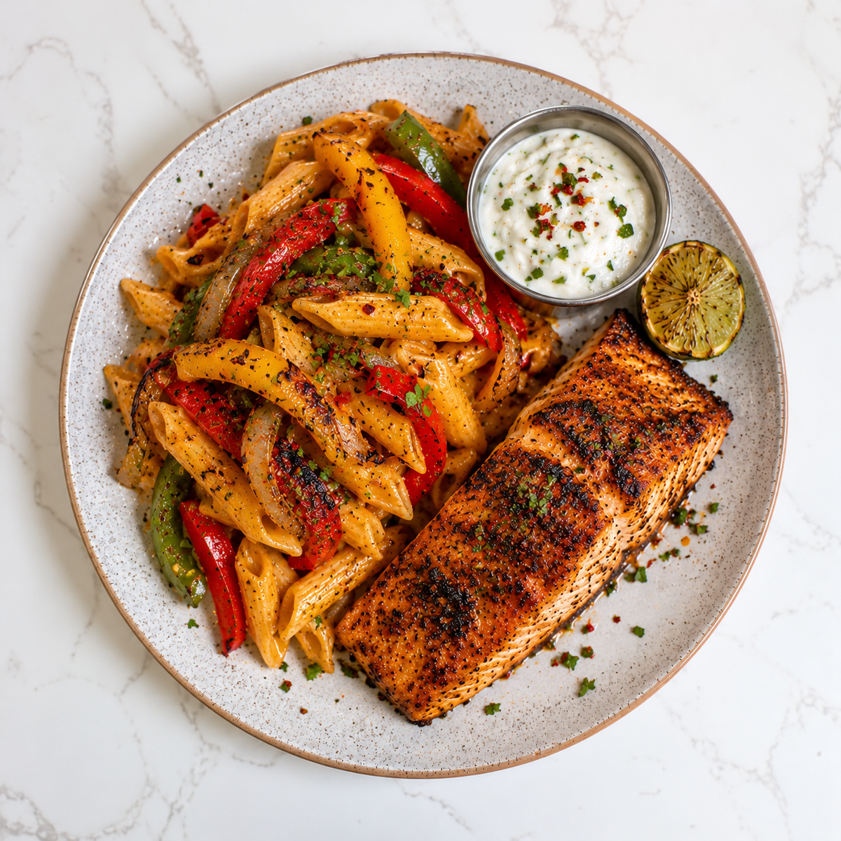 Blackened Cajun Salmon, Creamy Fajita Pasta, Chilli Fried Peppers & Onions, Sour Cream & Chive Sauce