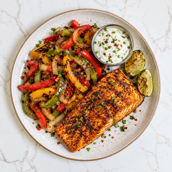(KETO) Blackened Cajun Salmon Fajita Skillet, Sour Cream & Chive Sauce