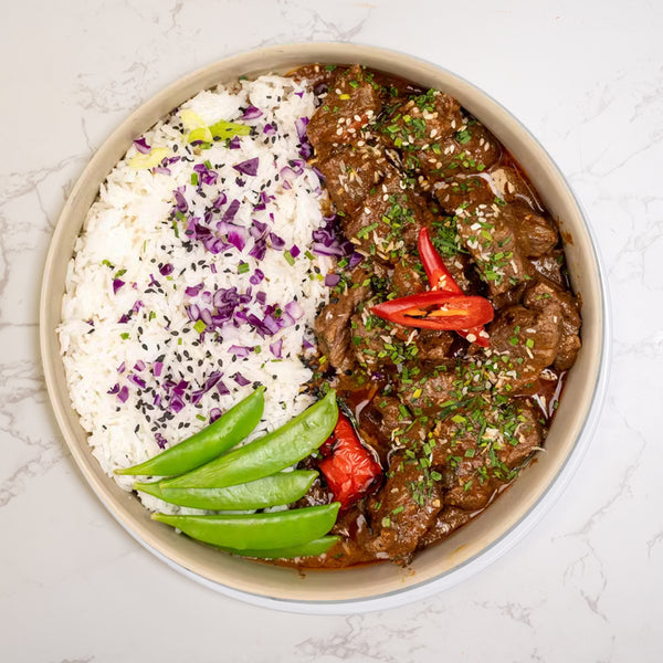 Braised Beef Stroganoff, White Rice, Peas & Beans