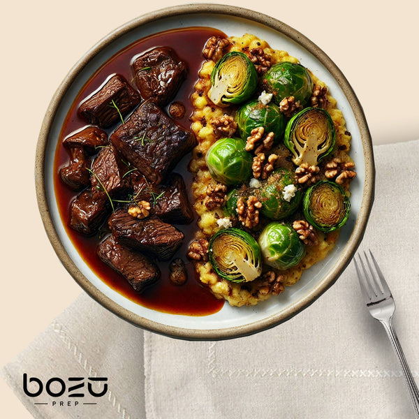 Traditional Braised Beef Casserole, Brussels Sprouts, Walnut & Blue Cheese Gratain (KETO)