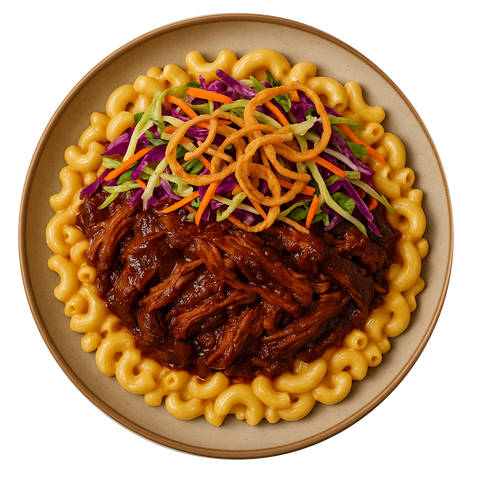 Hickory BBQ Pulled Brisket, 3 Cheese Macaroni, Cowboy Slaw & Crispy Onion