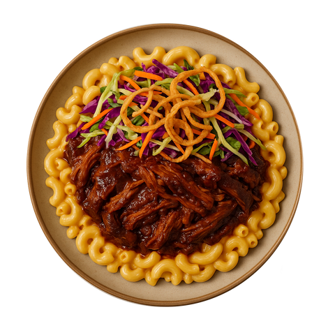 Hickory BBQ Pulled Brisket, 3 Cheese Macaroni, Cowboy Slaw & Crispy Onion